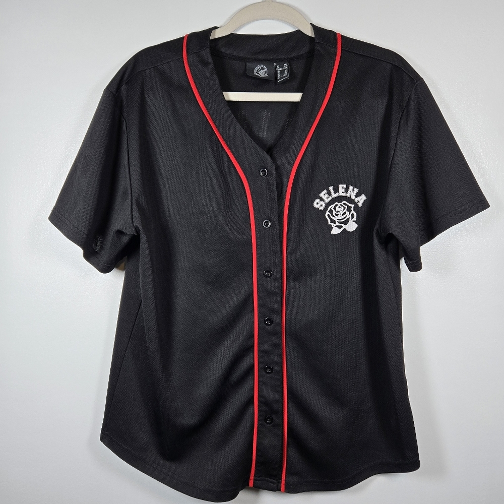 Selena Como La Flor Rose Black Button Front Baseball Style Jersey Top Size M/L